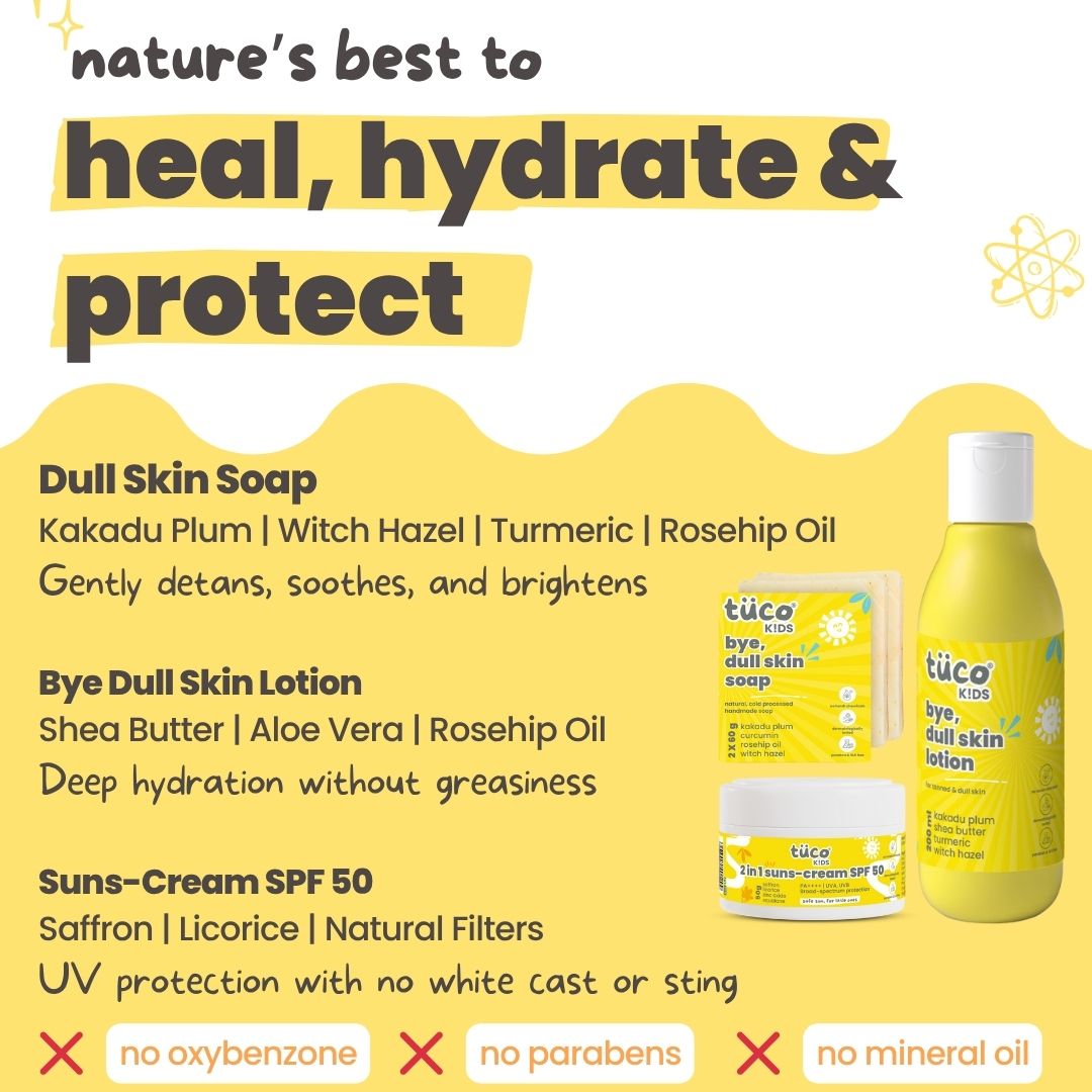 Tuco Kids Dull Skin Kit, specially crafted for kids aged 3-15. With dull skin soap, lotion and, 2-in-1 face cram and sunscreen SPF50.
