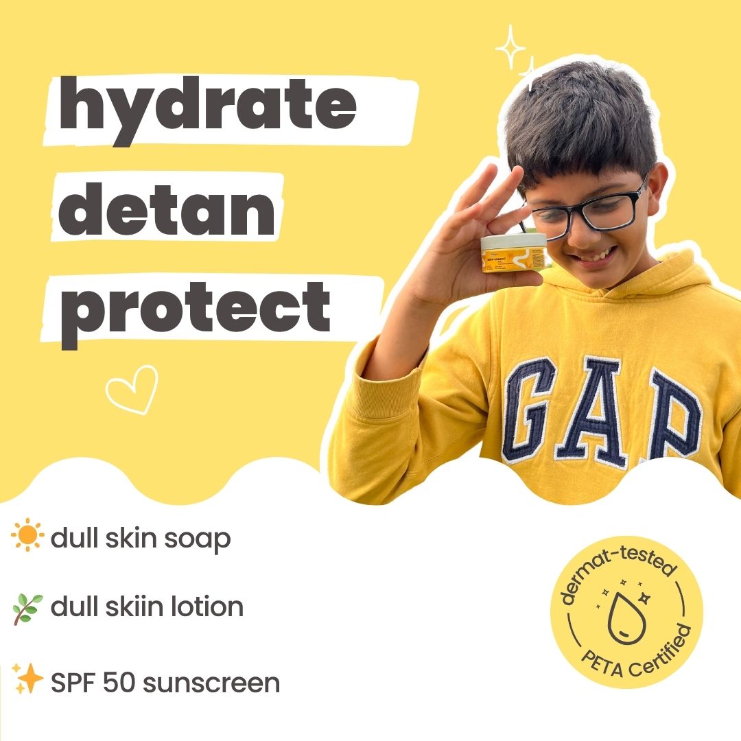 Tuco Kids Dull Skin Kit, specially crafted for kids aged 3-15. With dull skin soap, lotion and, 2-in-1 face cram and sunscreen SPF50.