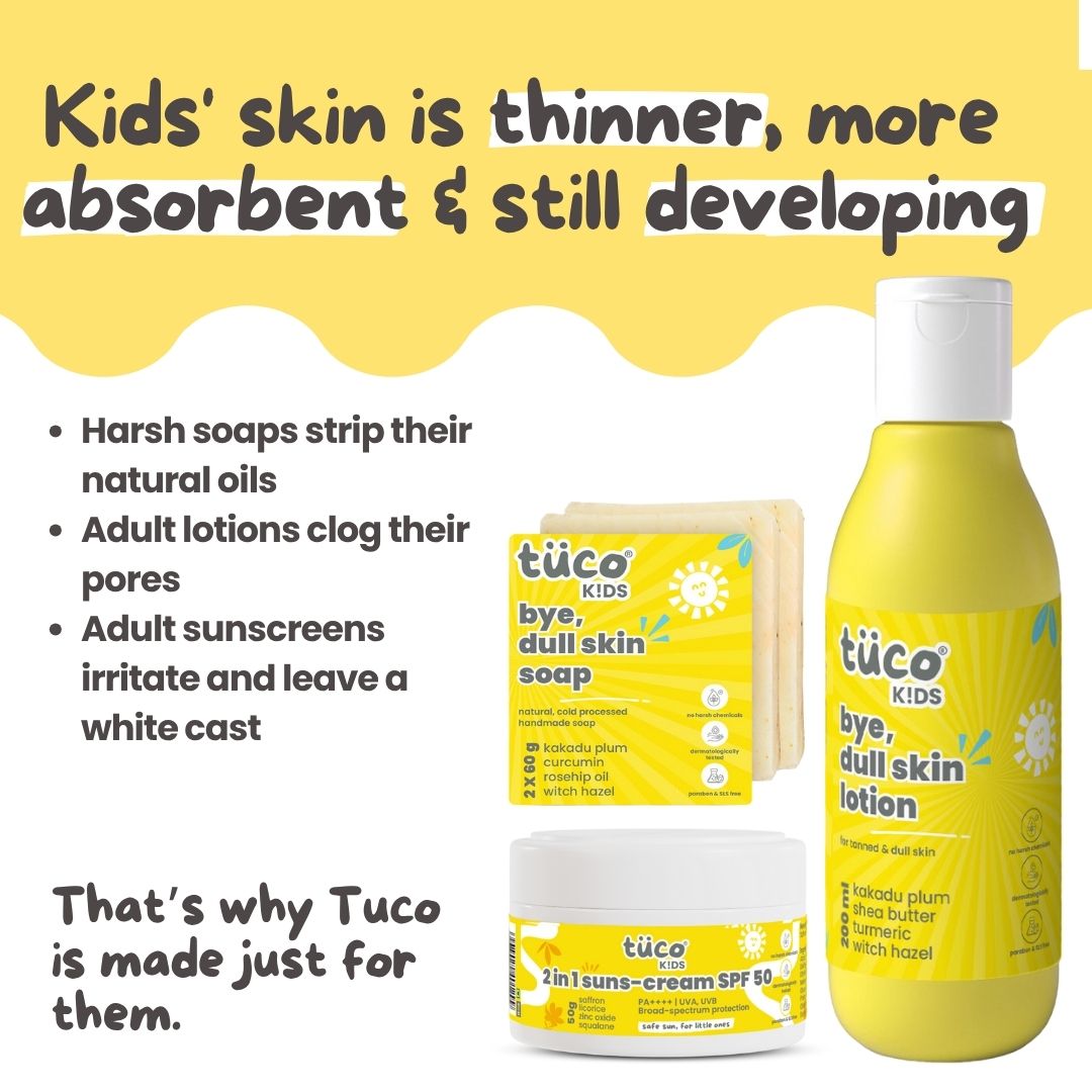 Tuco Kids Dull Skin Kit, specially crafted for kids aged 3-15. With dull skin soap, lotion and, 2-in-1 face cram and sunscreen SPF50.