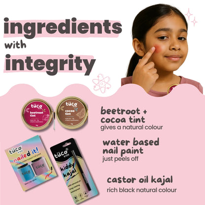 Tuco Glam Makeup Box for kids – a safe, non-toxic makeup kit featuring water-based nail paints, peel-off lip and cheek tint, and talc-free shimmer powder. Specially designed for children’s delicate skin with no harsh chemicals, no parabens, and zero acetone. Perfect for pretend play, parties, and creative expression.