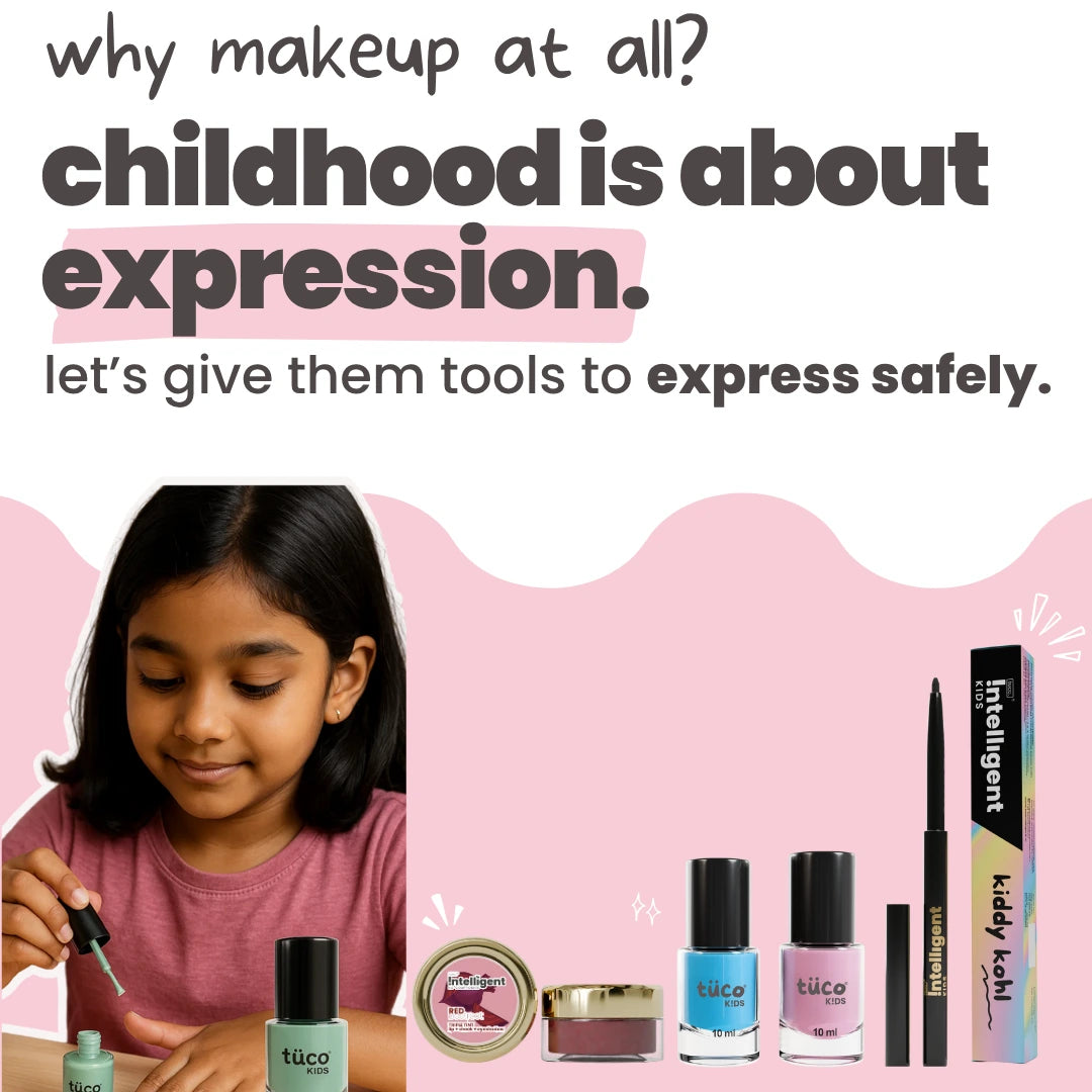 Tuco Glam Makeup Box for kids – a safe, non-toxic makeup kit featuring water-based nail paints, peel-off lip and cheek tint, and talc-free shimmer powder. Specially designed for children’s delicate skin with no harsh chemicals, no parabens, and zero acetone. Perfect for pretend play, parties, and creative expression.