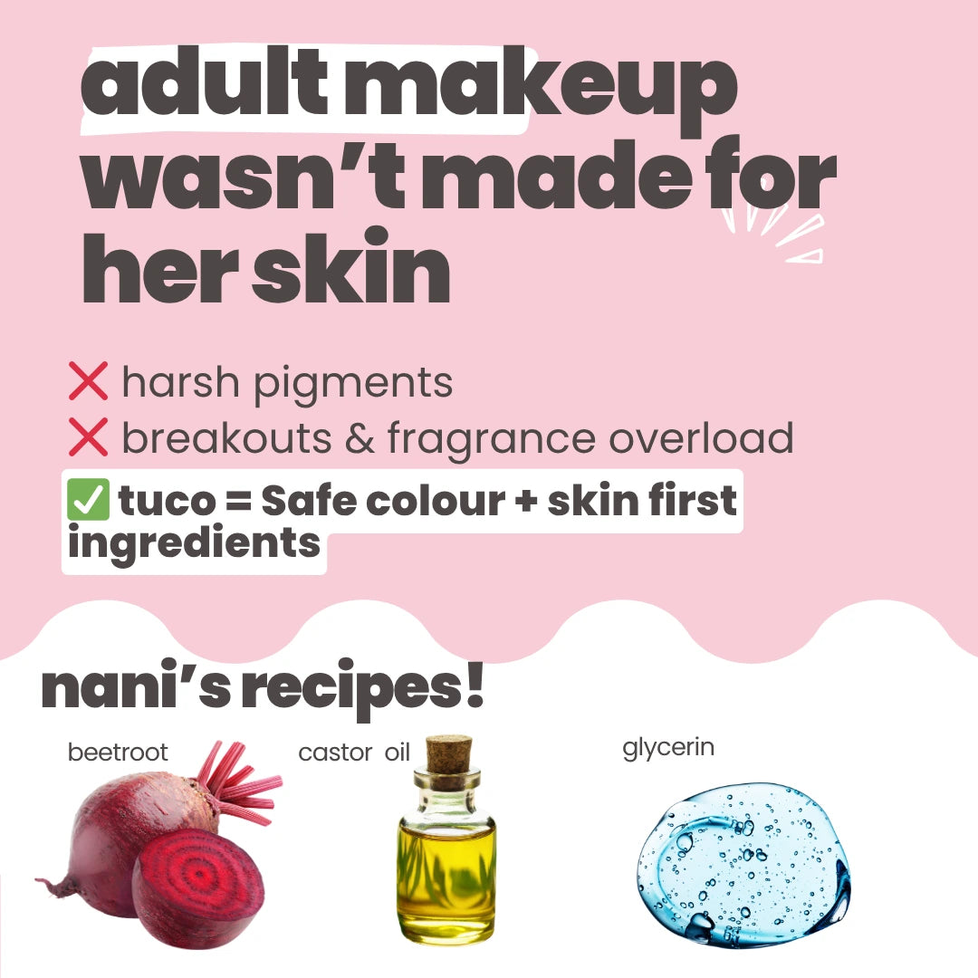 Tuco Glam Makeup Box for kids – a safe, non-toxic makeup kit featuring water-based nail paints, peel-off lip and cheek tint, and talc-free shimmer powder. Specially designed for children’s delicate skin with no harsh chemicals, no parabens, and zero acetone. Perfect for pretend play, parties, and creative expression.