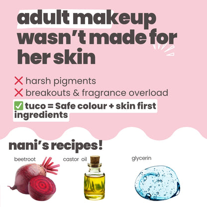 Tuco Glam Makeup Box for kids – a safe, non-toxic makeup kit featuring water-based nail paints, peel-off lip and cheek tint, and talc-free shimmer powder. Specially designed for children’s delicate skin with no harsh chemicals, no parabens, and zero acetone. Perfect for pretend play, parties, and creative expression.