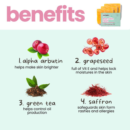 Skin rash soap is enriched with Alpha Arbutin, Grapeseed Oil, Green Tea, and Saffron to cleanse gently, soothe inflammation, and promote healthy, glowing skin.