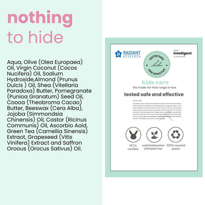 Clinically tested safe & effective for kids care. With list of all ingredients printed on products.