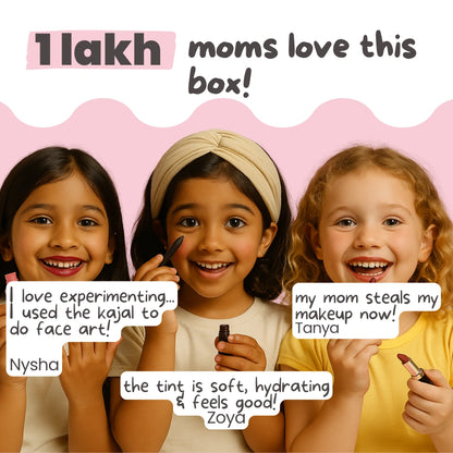 Tuco Glam Makeup Box for kids – a safe, non-toxic makeup kit featuring water-based nail paints, peel-off lip and cheek tint, and talc-free shimmer powder. Specially designed for children’s delicate skin with no harsh chemicals, no parabens, and zero acetone. Perfect for pretend play, parties, and creative expression.