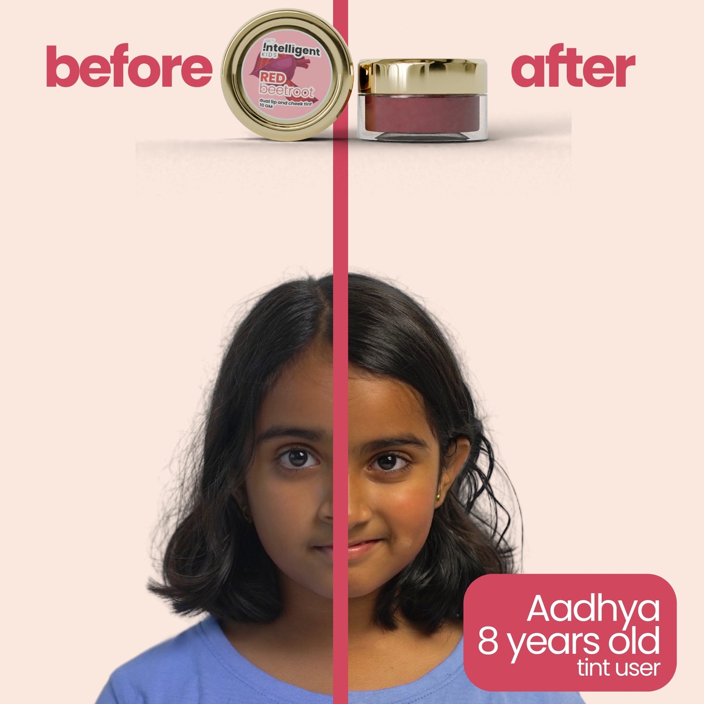 Before and After Using Tuco Kids Beetroot Tint - 8-Year-Old Aadhya's Radiant Glow.