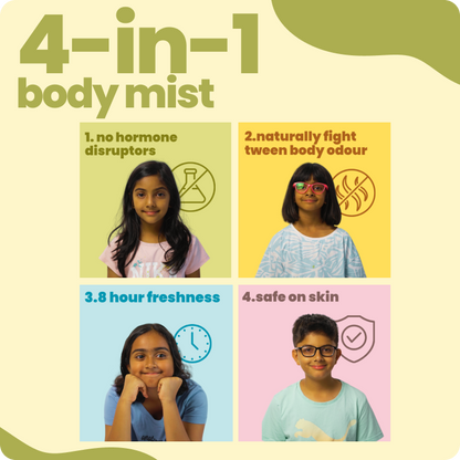 The Boys Will Be Boys Body Mist is a 4-in-1 solution for tween body odor, hydration, and gentle perfume.