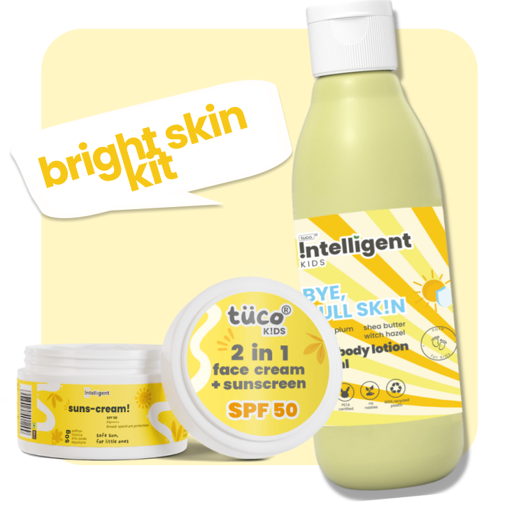 Tuco Kids Bright Skin Kit, crafted for kids aged 3-15. Includes Kakadu Plum Lotion to hydrate and smooth skin, and SPF 50 Saffron Face Cream to protect and brighten.