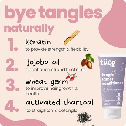 Struggling with tangled, unmanageable hair in kids? Tuco Kids Conditioner, enriched with Keratin and Jojoba Oil, detangles and smooths hair for soft, shiny, and manageable locks. Safe for daily use, it’s free from harsh chemicals, making it perfect for children aged 3-15. Keep your child’s hair healthy, vibrant, and tangle-free every day!