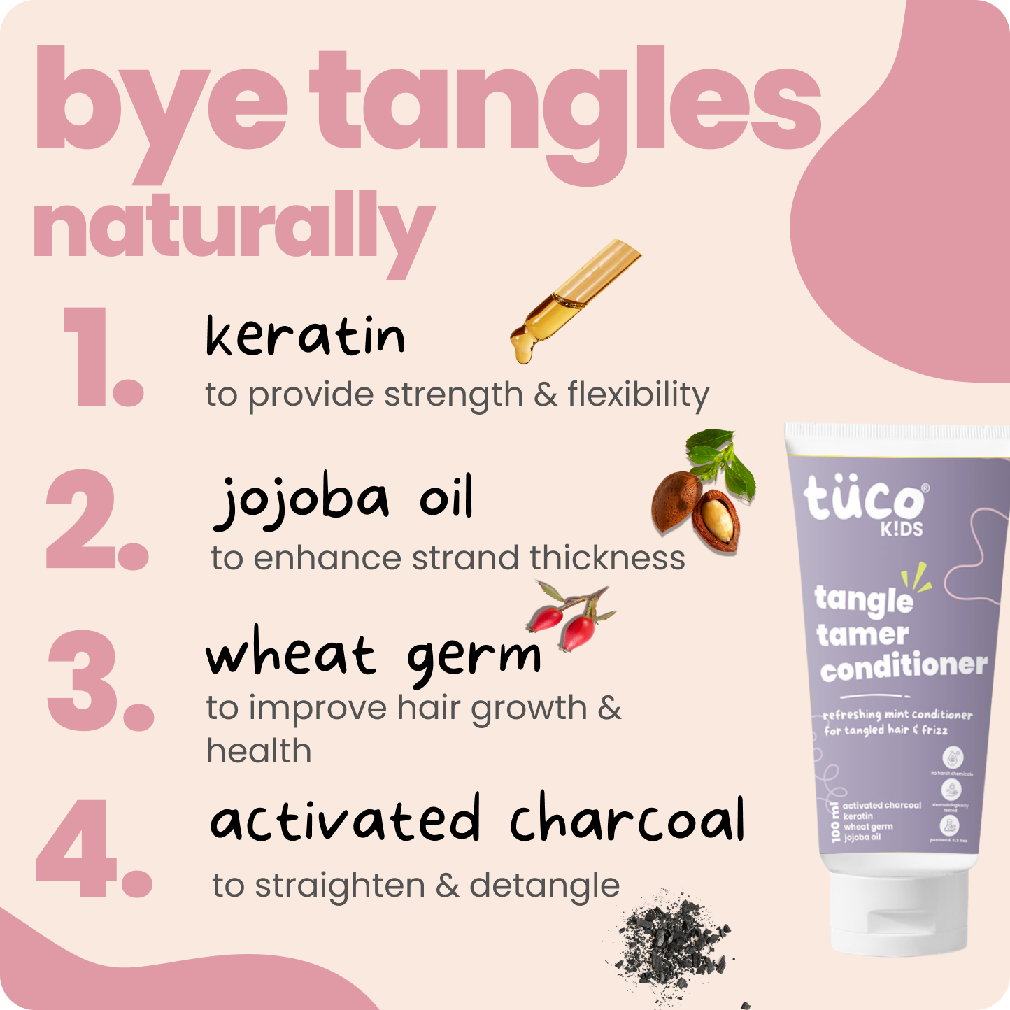 Struggling with tangled, unmanageable hair in kids? Tuco Kids Conditioner, enriched with Keratin and Jojoba Oil, detangles and smooths hair for soft, shiny, and manageable locks. Safe for daily use, it’s free from harsh chemicals, making it perfect for children aged 3-15. Keep your child’s hair healthy, vibrant, and tangle-free every day!