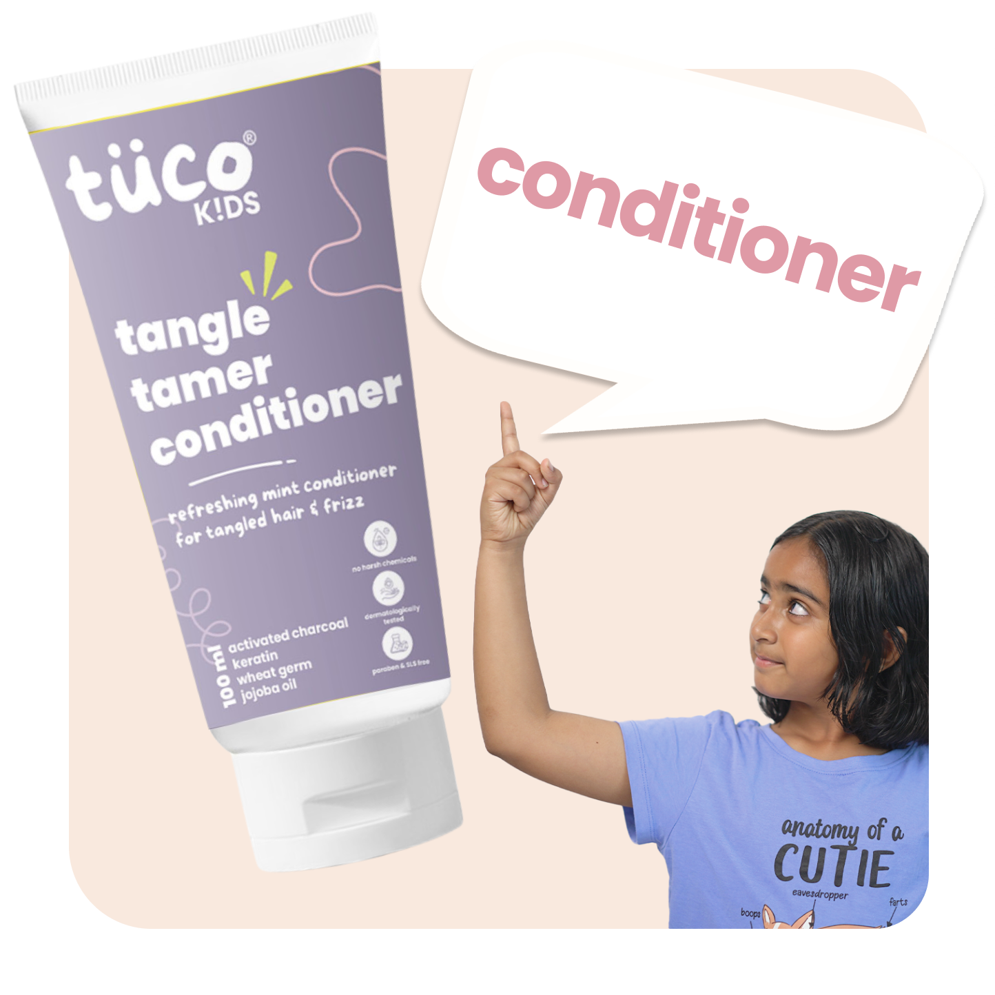 Struggling with tangled, unmanageable hair in kids? Tuco Kids Conditioner, enriched with Keratin and Jojoba Oil, detangles and smooths hair for soft, shiny, and manageable locks. Safe for daily use, it’s free from harsh chemicals, making it perfect for children aged 3-15. Keep your child’s hair healthy, vibrant, and tangle-free every day!