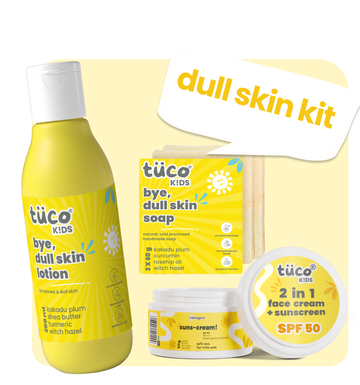 TuCo Intelligent Kids Skincare Kit is the ultimate solution for bright, healthy skin. Designed for kids aged 3-15, it includes a Dull Skin Soap, hydrating Lotion, and SPF 50 Face Cream. Enriched with natural ingredients like Kakadu Plum, Turmeric, and Saffron, this eco-friendly kit gently brightens, hydrates, and protects delicate skin, making it ideal for addressing dullness and promoting a healthy glow.