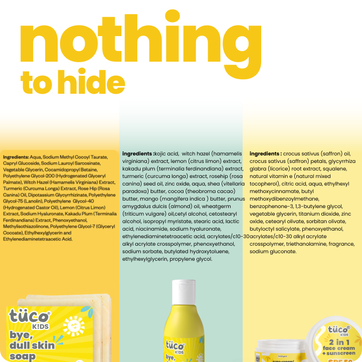 TuCo Intelligent Kids Skincare Kit is the ultimate solution for bright, healthy skin. Designed for kids aged 3-15, it includes a Dull Skin Soap, hydrating Lotion, and SPF 50 Face Cream. Enriched with natural ingredients like Kakadu Plum, Turmeric, and Saffron, this eco-friendly kit gently brightens, hydrates, and protects delicate skin, making it ideal for addressing dullness and promoting a healthy glow.