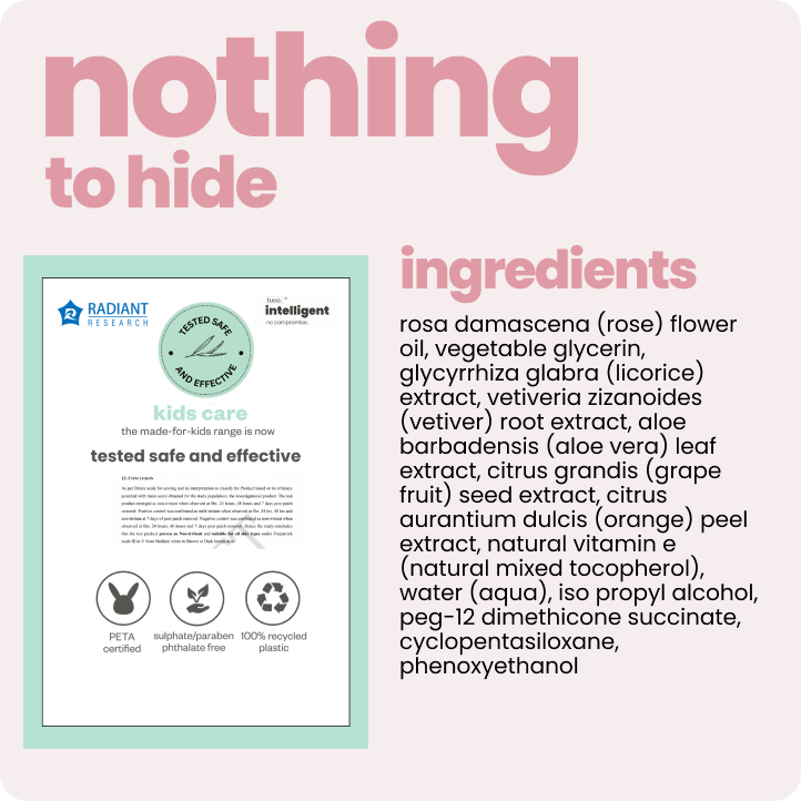 Clinically tested safe & effective for kids care. With list of all ingredients printed on products.
