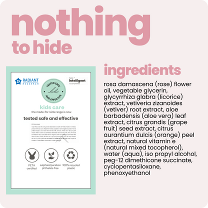Clinically tested safe & effective for kids care. With list of all ingredients printed on products.