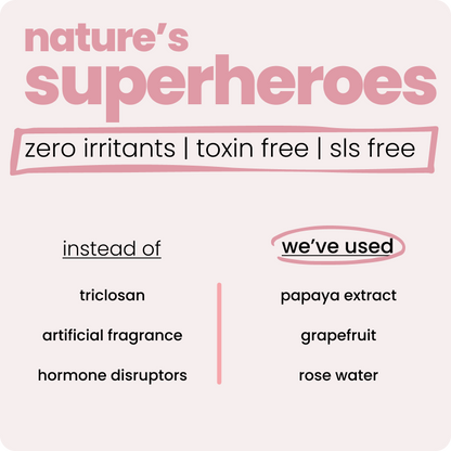 It’s infused with natural papaya extract, grape extract, and vetiver. No chemicals, No hormone disruptors.