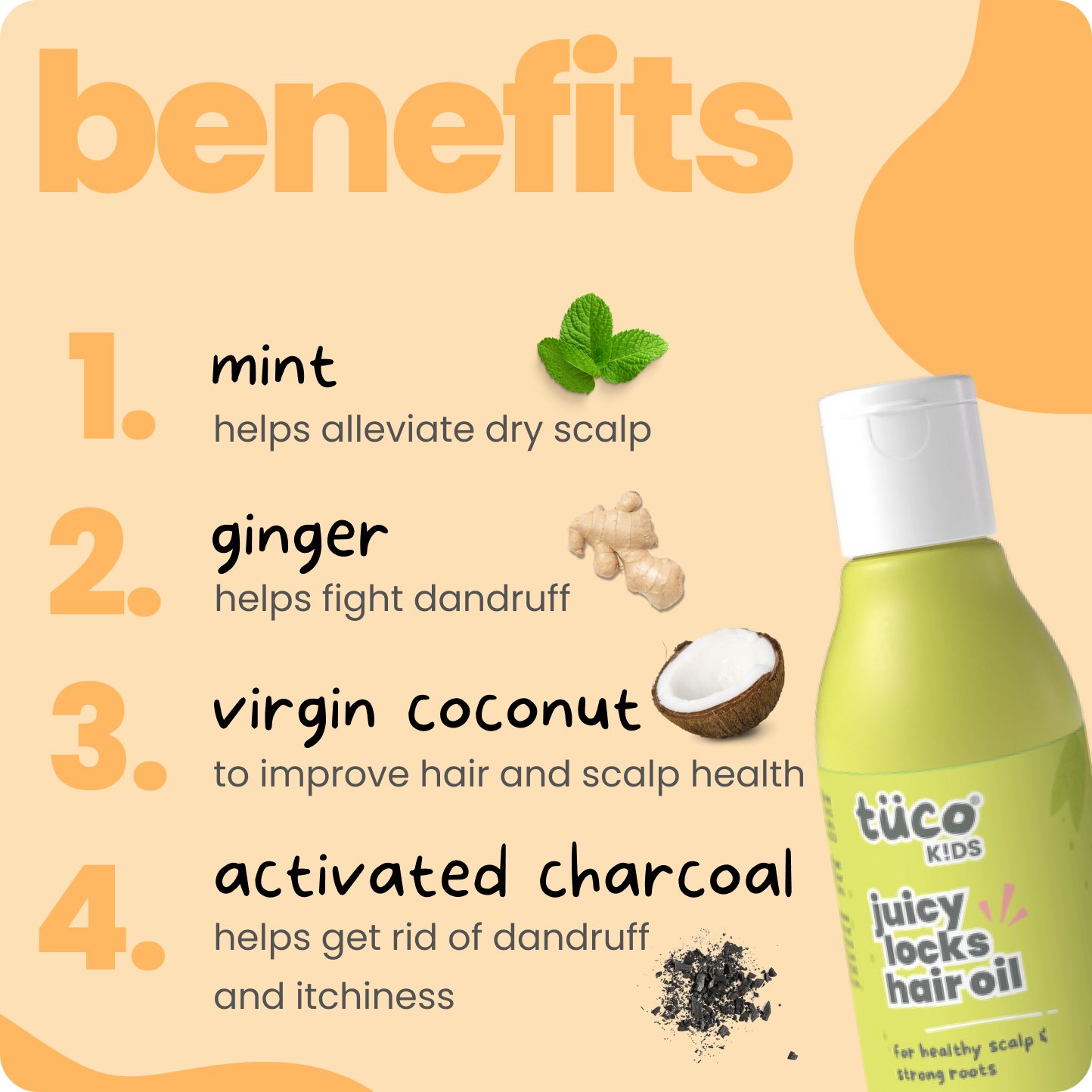 Juicy Locks Hair Oil for kids aged 3–15 with mint, ginger, and coconut oil to reduce dandruff, soothe scalp irritation, and nourish dry hair; chemical-free, natural solution for soft, healthy, manageable hair.