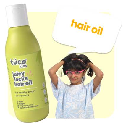 Juicy Locks Hair Oil for kids aged 3–15 with mint, ginger, and coconut oil to reduce dandruff, soothe scalp irritation, and nourish dry hair; chemical-free, natural solution for soft, healthy, manageable hair.