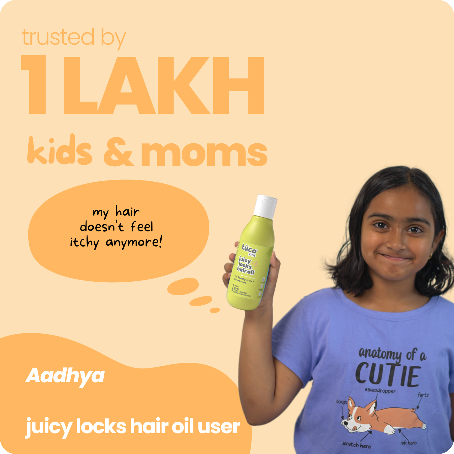 Juicy Locks Hair Oil for kids aged 3–15 with mint, ginger, and coconut oil to reduce dandruff, soothe scalp irritation, and nourish dry hair; chemical-free, natural solution for soft, healthy, manageable hair.