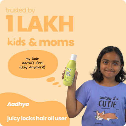 Juicy Locks Hair Oil for kids aged 3–15 with mint, ginger, and coconut oil to reduce dandruff, soothe scalp irritation, and nourish dry hair; chemical-free, natural solution for soft, healthy, manageable hair.