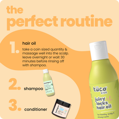 Juicy Locks Hair Oil for kids aged 3–15 with mint, ginger, and coconut oil to reduce dandruff, soothe scalp irritation, and nourish dry hair; chemical-free, natural solution for soft, healthy, manageable hair.