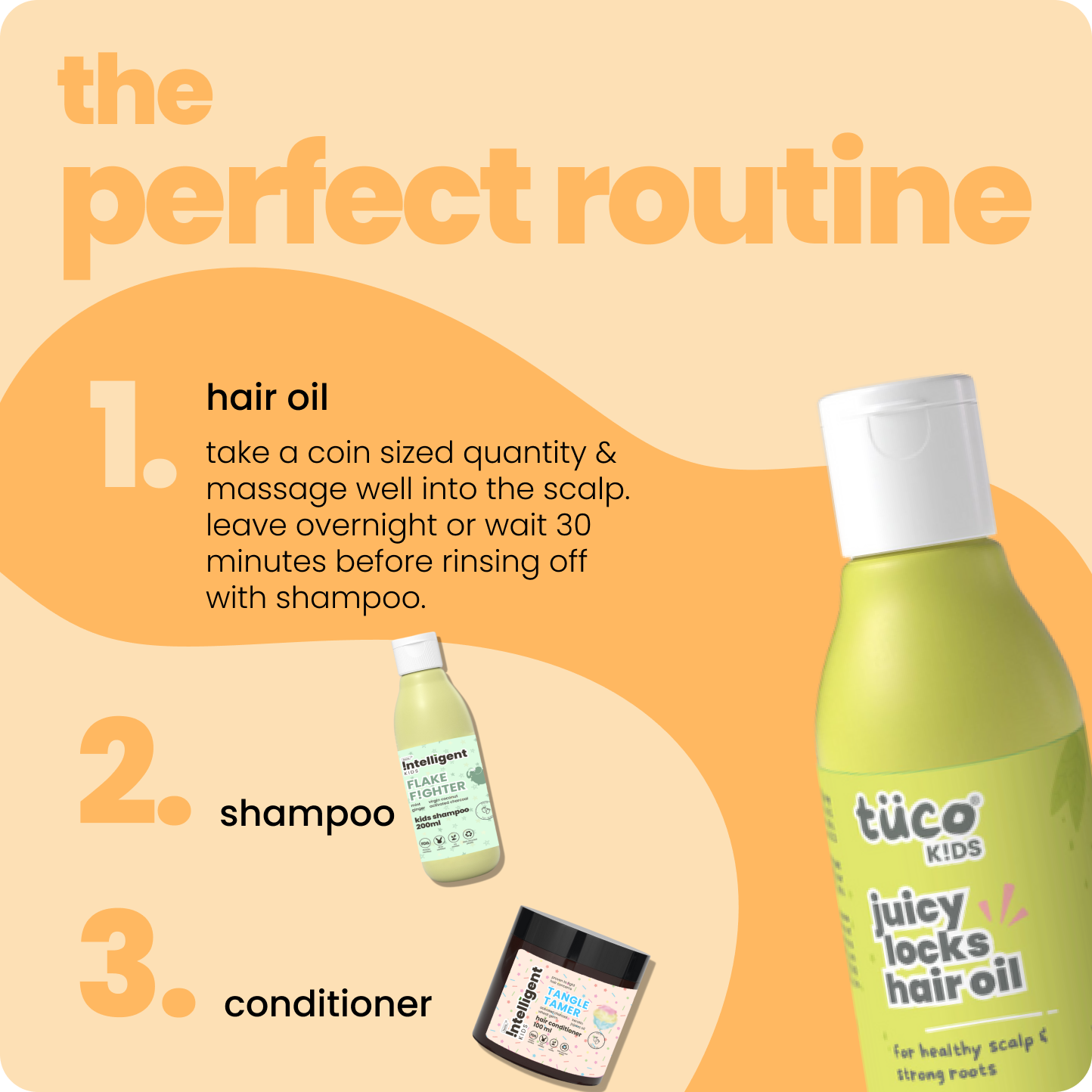 Juicy Locks Hair Oil for kids aged 3–15 with mint, ginger, and coconut oil to reduce dandruff, soothe scalp irritation, and nourish dry hair; chemical-free, natural solution for soft, healthy, manageable hair.