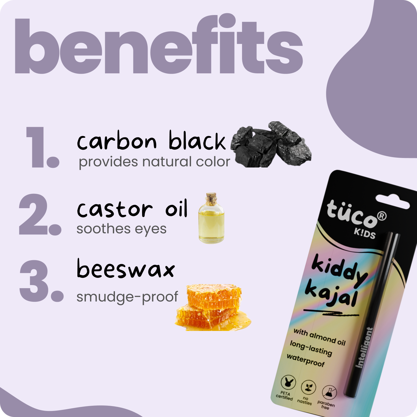 Highlighted ingredients include Castor Oil, Carbon Black, and Beeswax for nourishment, rich pigment, and smooth application. Specially formulated for kids (3+), babies, and even pregnant women—free from toxins and harsh chemicals.