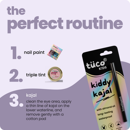 A kid-friendly kajal named "Kiddy Kohl" in sleek, child-safe packaging. Highlighted ingredients include Castor Oil, Carbon Black, and Beeswax for nourishment, rich pigment, and smooth application. Specially formulated for kids (3+), babies, and even pregnant women—free from toxins and harsh chemicals.