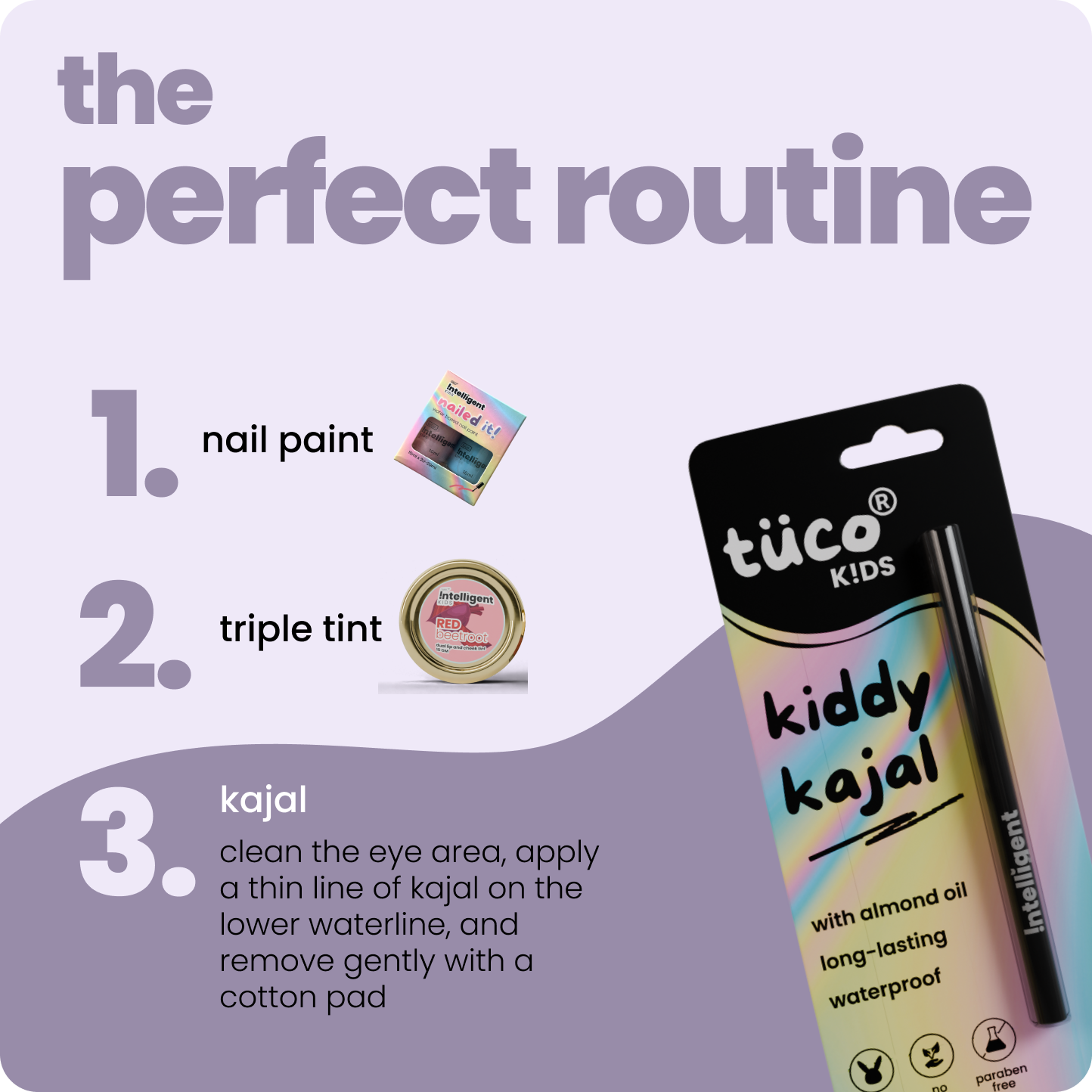 A kid-friendly kajal named "Kiddy Kohl" in sleek, child-safe packaging. Highlighted ingredients include Castor Oil, Carbon Black, and Beeswax for nourishment, rich pigment, and smooth application. Specially formulated for kids (3+), babies, and even pregnant women—free from toxins and harsh chemicals.