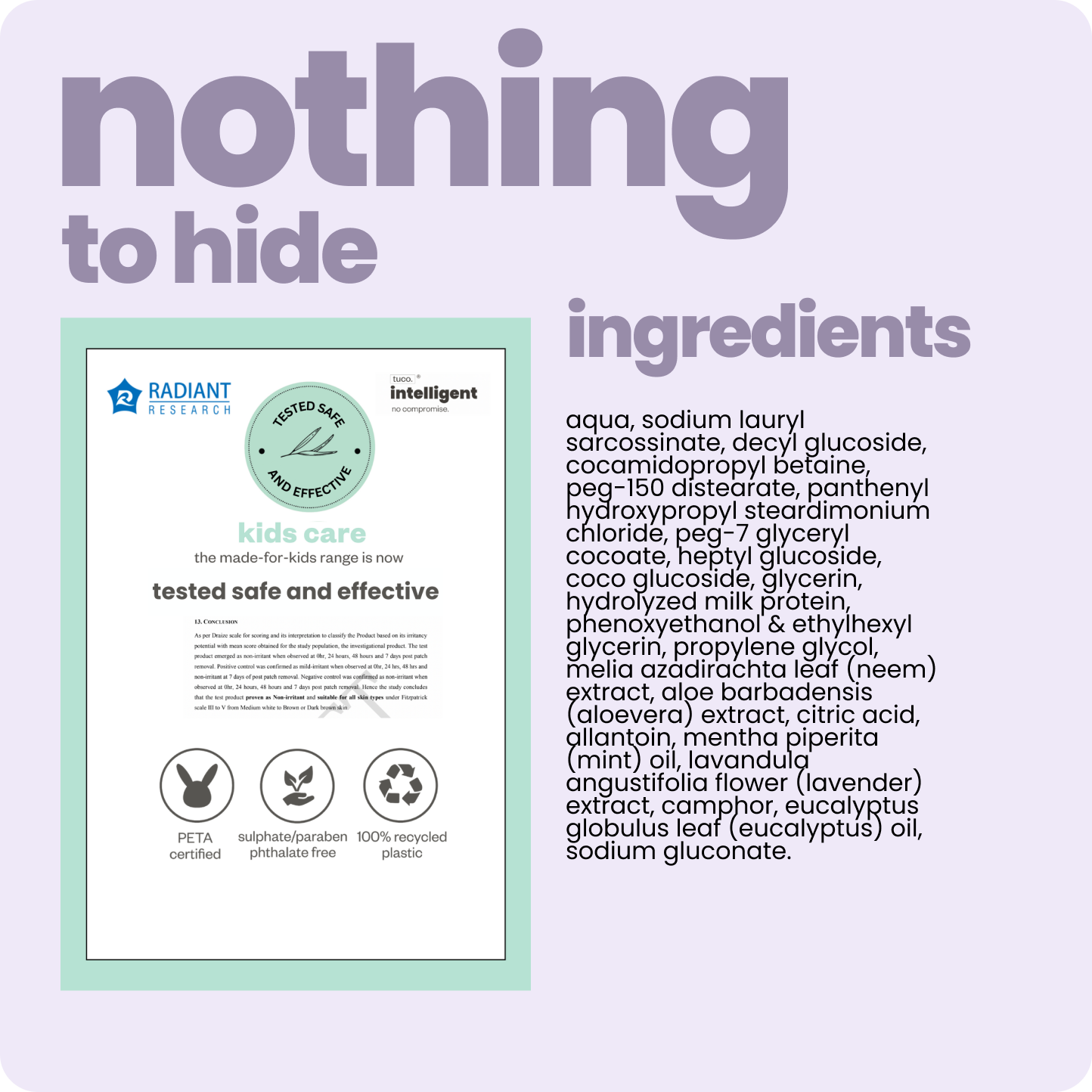 Clinically tested safe & effective for kids care. With list of all ingredients printed on products.