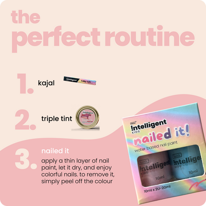 Tired of toxic nail paints for your kids? Meet Nailed It, the all-natural nail paint crafted with safe, water-based ingredients like Glycerin and Xanthan Gum. Gentle on sensitive nails, it's super easy to apply and peel off—mess-free and worry-free!