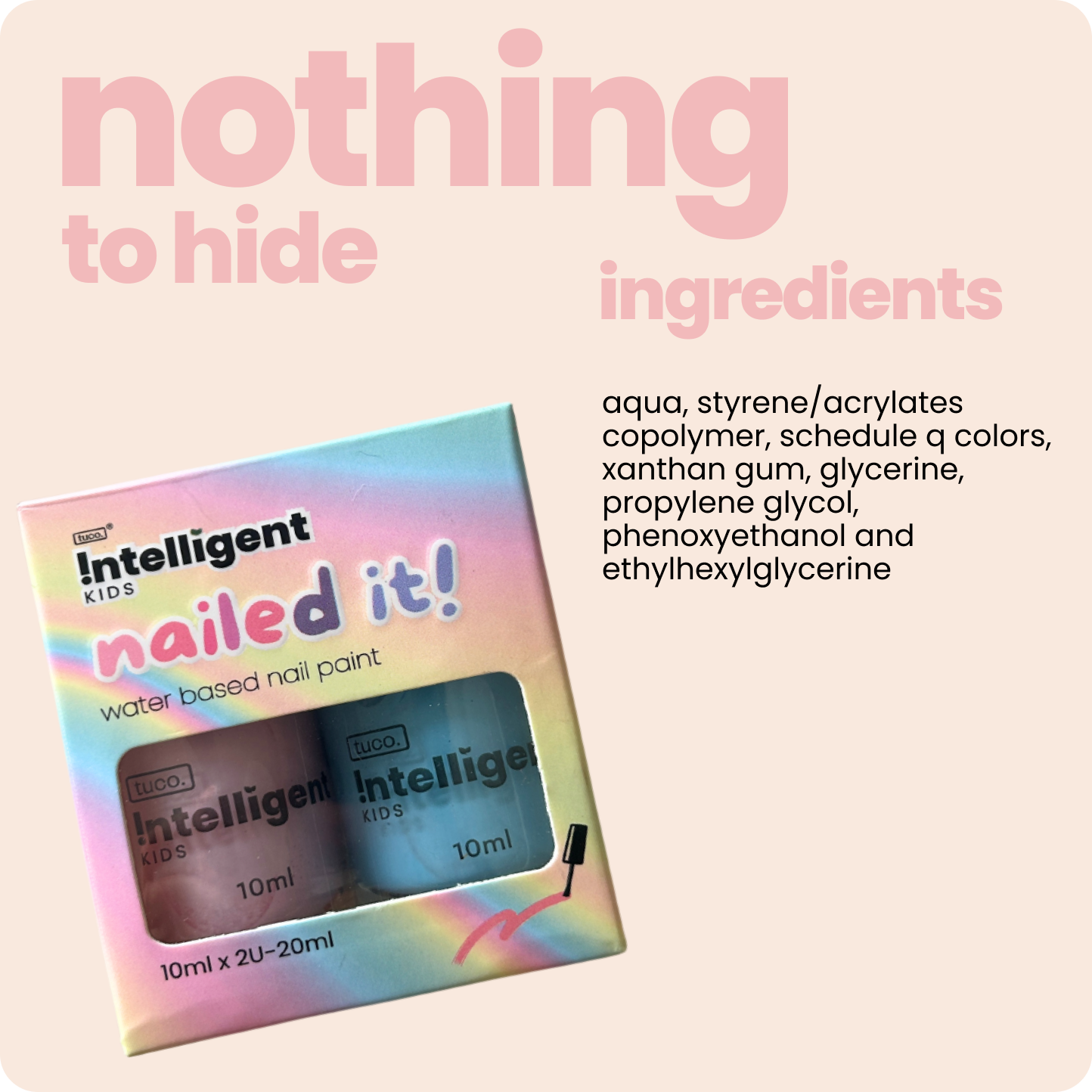 Clinically tested safe & effective for kids care. With list of all ingredients printed on products.