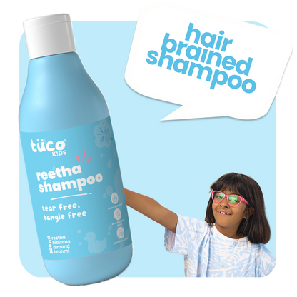 Tuco Kids Hair Brained Shampoo. Made for sensitive scalps, it’s the best shampoo for kids, free of harsh chemicals.
