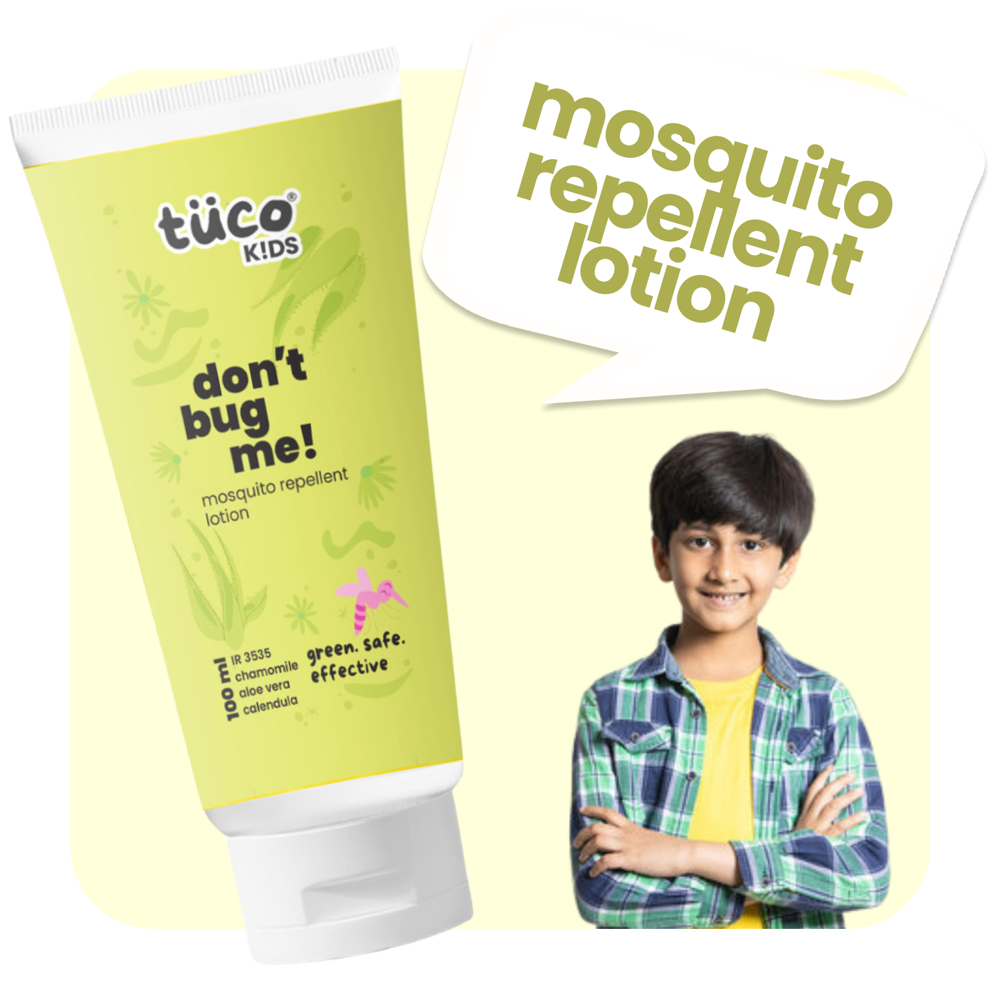A bottle of "Don’t Bug Me" 2-in-1 mosquito repellent and skin-soothing lotion. The packaging highlights key ingredients like Aloe Vera, Chamomile, and Calendula Oils. Designed for kids (3+) and pregnant moms, it offers EU-approved mosquito protection without harsh chemicals. Safe, gentle, and nourishing for sensitive skin.