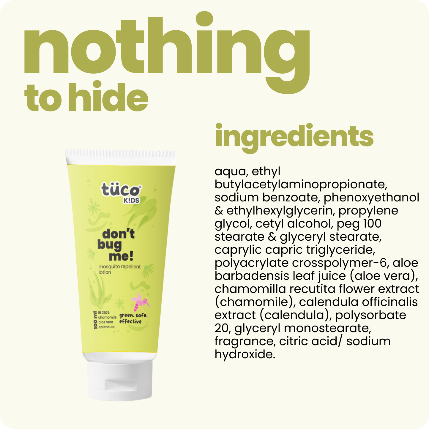 A bottle of "Don’t Bug Me" 2-in-1 mosquito repellent and skin-soothing lotion. The packaging highlights key ingredients like Aloe Vera, Chamomile, and Calendula Oils. Designed for kids (3+) and pregnant moms, it offers EU-approved mosquito protection without harsh chemicals. Safe, gentle, and nourishing for sensitive skin.