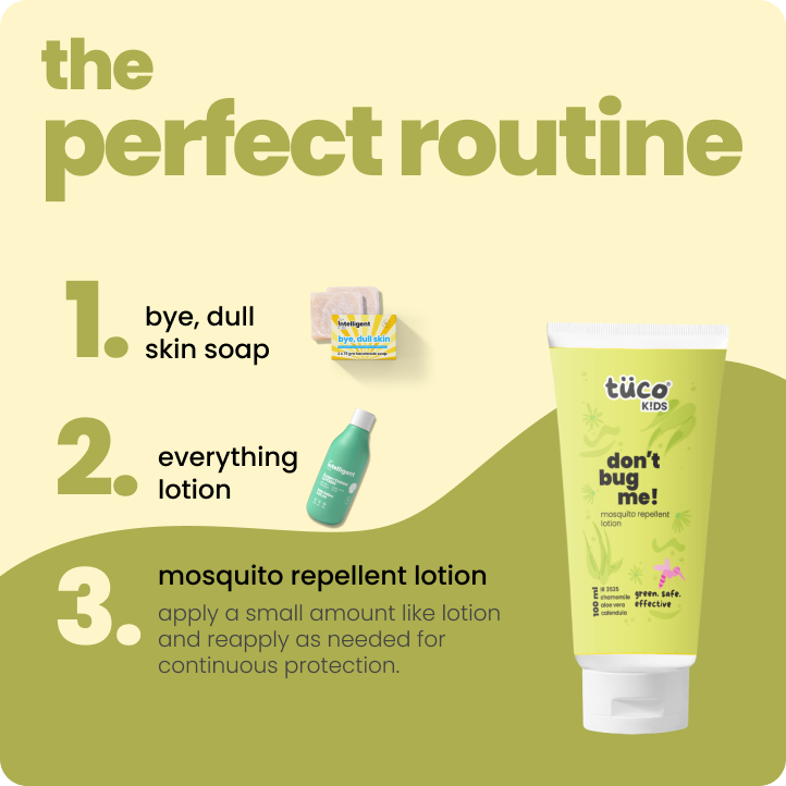 A bottle of "Don’t Bug Me" 2-in-1 mosquito repellent and skin-soothing lotion. The packaging highlights key ingredients like Aloe Vera, Chamomile, and Calendula Oils. Designed for kids (3+) and pregnant moms, it offers EU-approved mosquito protection without harsh chemicals. Safe, gentle, and nourishing for sensitive skin.