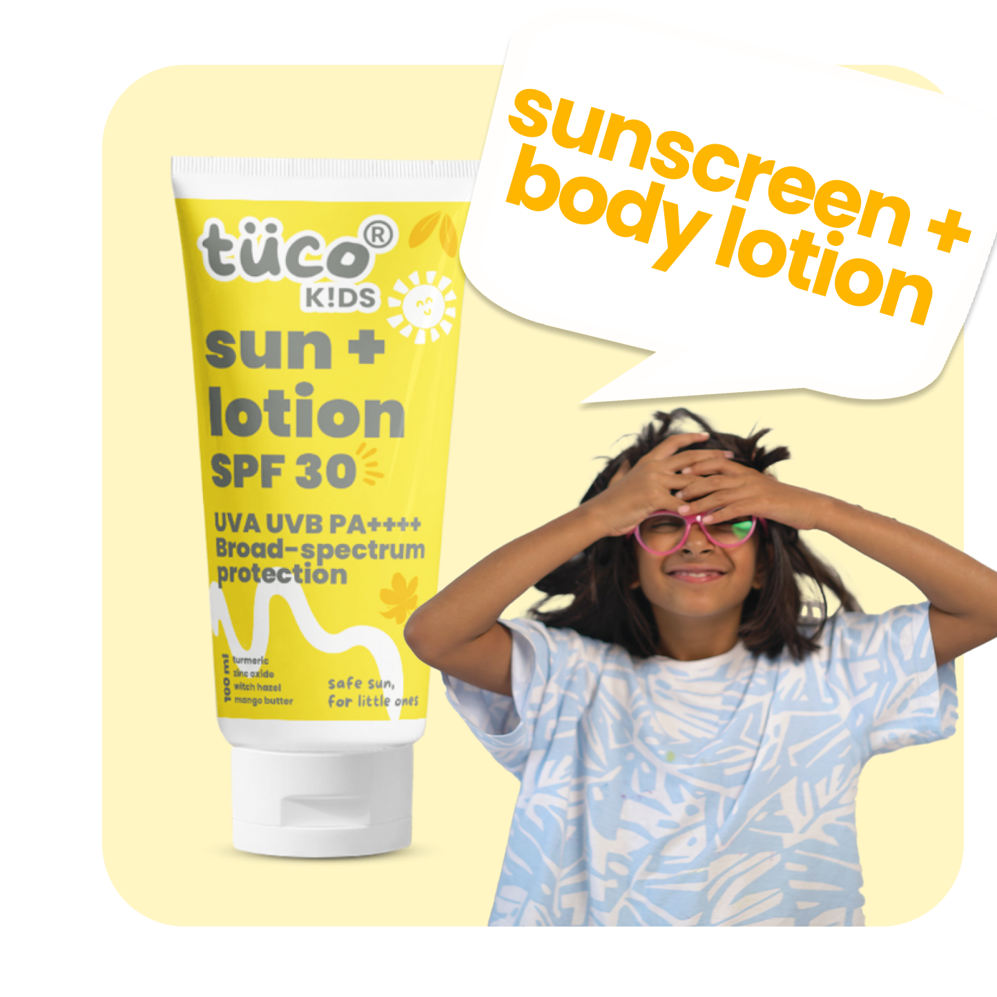 Tuco Kids Sunscreen + Body Lotion – A gentle, nourishing formula designed for kids’ delicate skin. Provides sun protection while keeping skin soft and hydrated. Lightweight, non-sticky, and enriched with natural ingredients for all-day care.