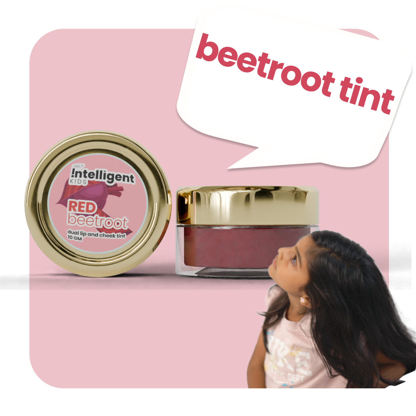 Tuco Kids Triple Tint with natural ingredients like beetroot, shea butter, and beeswax, for a safe and chemical-free kids' makeup.