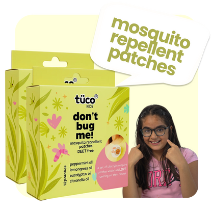 Tuco Don’t Bug Me Mosquito Repellent Patches! Infused with Citronella, Eucalyptus, Peppermint, and Lemongrass Oils, these chemical-free patches provide long-lasting protection.