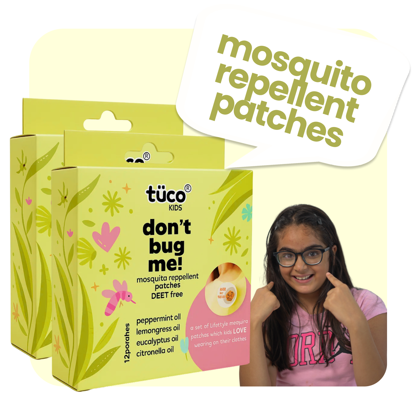 Tuco Don’t Bug Me Mosquito Repellent Patches! Infused with Citronella, Eucalyptus, Peppermint, and Lemongrass Oils, these chemical-free patches provide long-lasting protection.