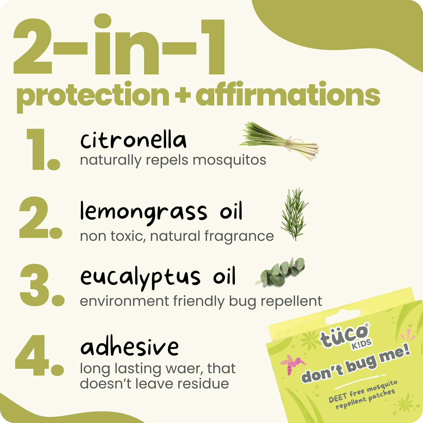 Infused with Citronella, Eucalyptus, Peppermint, and Lemongrass Oils, these chemical-free patches provide long-lasting protection.