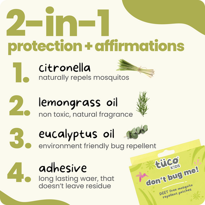 Infused with Citronella, Eucalyptus, Peppermint, and Lemongrass Oils, these chemical-free patches provide long-lasting protection.