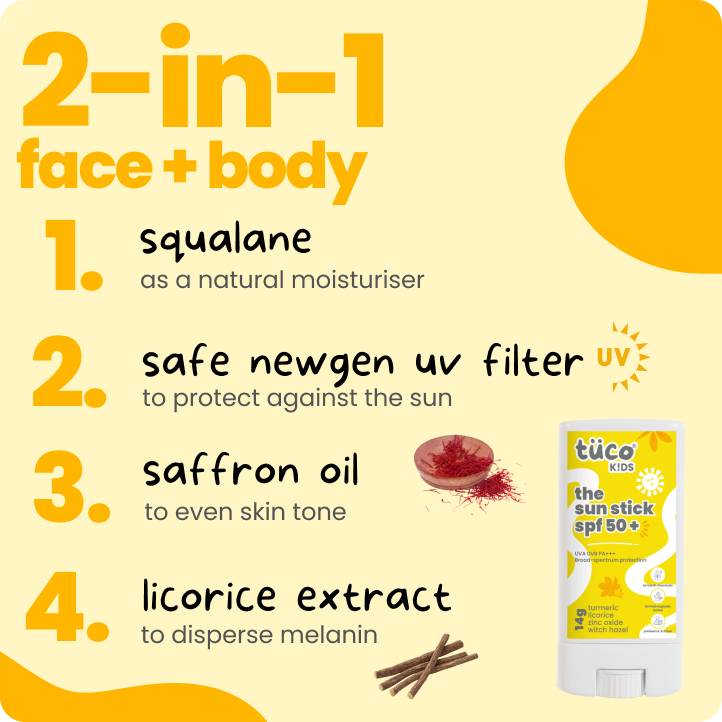 Infused with Turmeric, Witch Hazel, and Licorice, this 100% natural sunscreen is designed for kids 5 to 10 years and offers broad-spectrum SPF 50 protection against harmful sun rays.