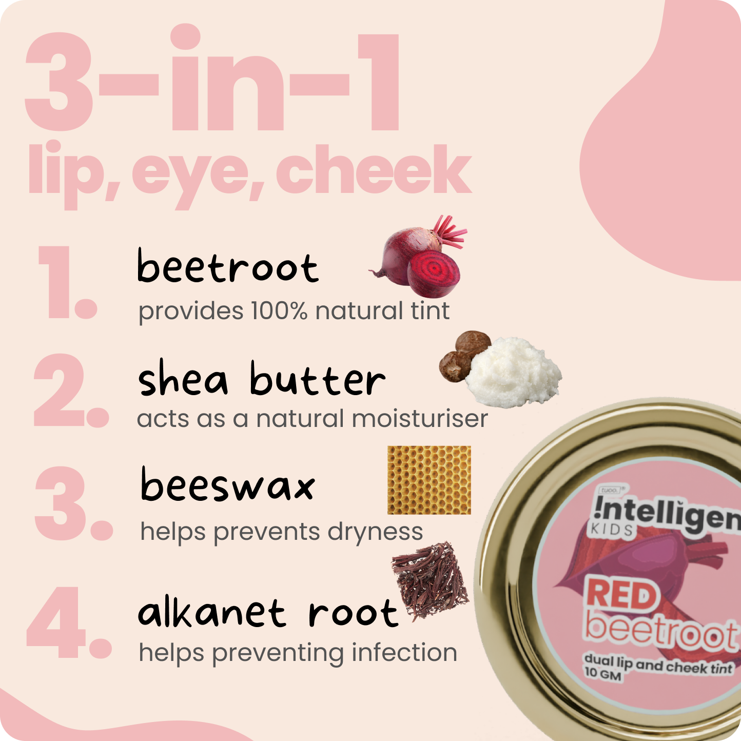 Made with natural ingredients like beetroot, shea butter, and beeswax, providing a safe and chemical-free option for kids' makeup.