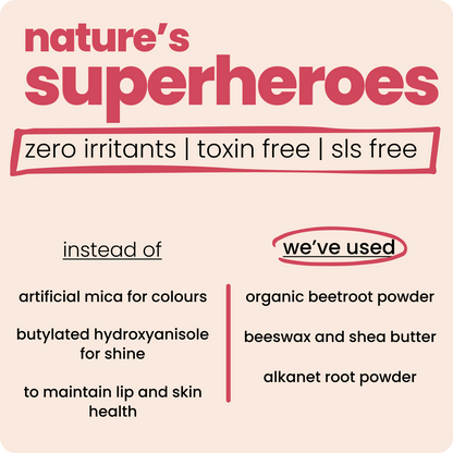 The product is made with natural ingredients like beetroot, shea butter, and beeswax, providing a safe and chemical-free option for kids' makeup.